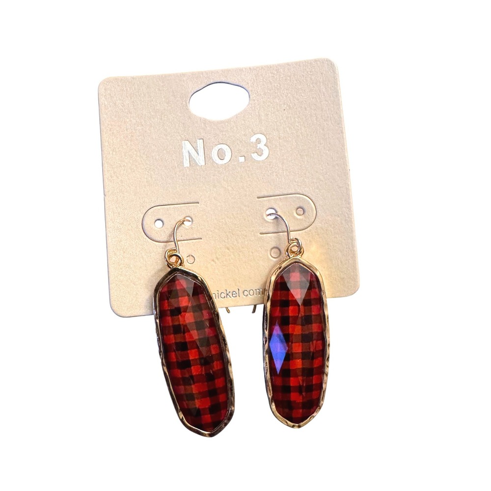 NWT No. 3 Red Buffalo Plaid Oval Drop Earrings Gold Tone VE2783GD/RD1 Festive